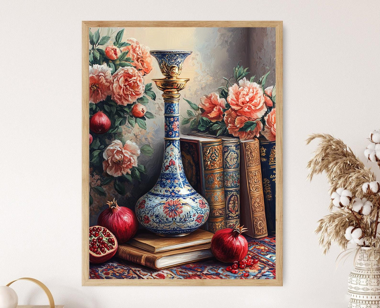 Affiche Art Persan – Impression Émaillée Fleurs, Grenade & Tapis