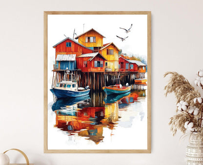 Affiche Chiloé – Illustration des Maisons sur Pilotis du Chili