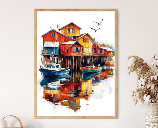 Affiche Chiloé – Illustration des Maisons sur Pilotis du Chili
