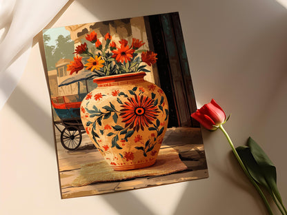 Affiche Florale Terracotta – Imprimé Artisanal Bangladais en Jute