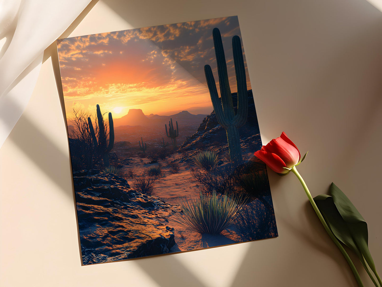 Affiche Désert du Texas – Poster Art Cactus et Coucher de Soleil Vibrant