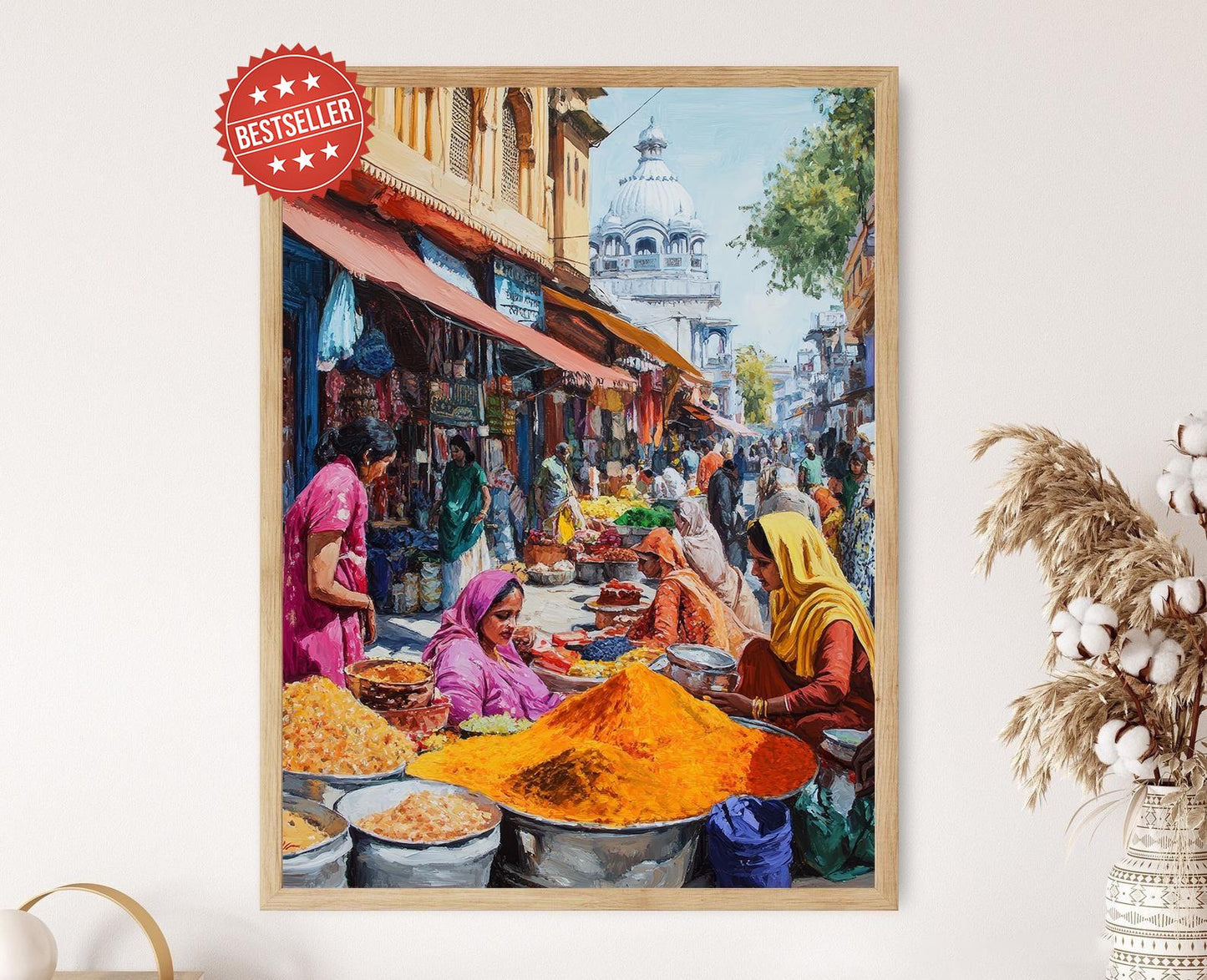 Affiche Marché Punjabi Amritsar – Poster Épices et Tissus Colorés