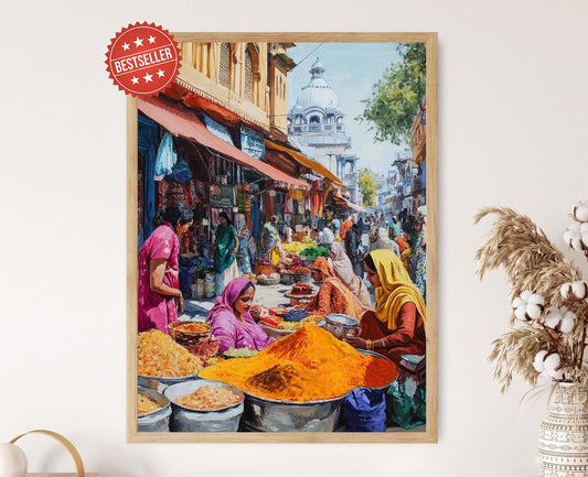 Affiche Marché Punjabi Amritsar – Poster Épices et Tissus Colorés