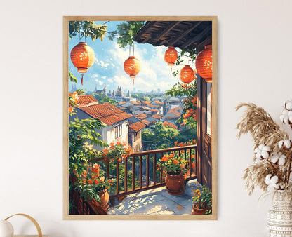 Affiche Thaïlandaise – Poster Lanternes, Plantes & Temples