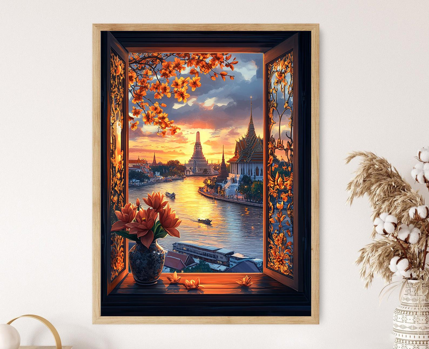 Affiche Bangkok – Impression artistique coucher de soleil sur la rivière avec lotus doré et orchidées