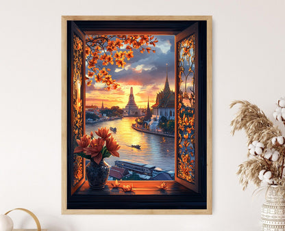 Affiche Bangkok – Impression artistique coucher de soleil sur la rivière avec lotus doré et orchidées