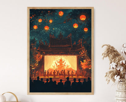 Affiche Art du Jeu d'Ombres Thaï – Imprimé de Marionnettistes et Lanternes