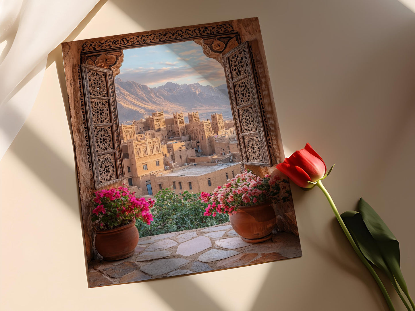 Affiche Shibam Yémen – Illustration de la vue du balcon au crépuscule