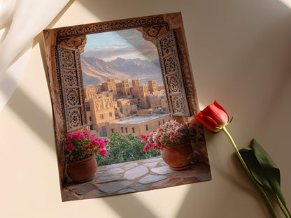 Affiche Shibam Yémen – Illustration de la vue du balcon au crépuscule