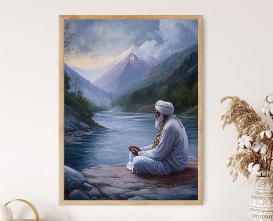 Affiche Méditation Sikh – Art avec Perles Mala et Rivière Paisible