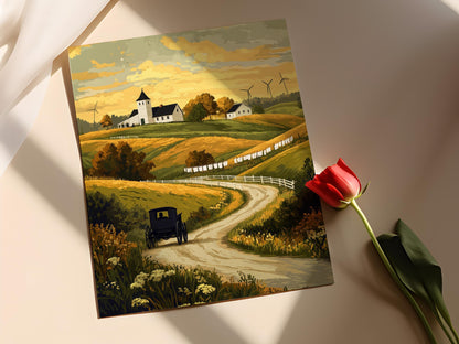 Affiche Campagne Amish – Illustration de Buggy à Cheval et Ferme Rurale