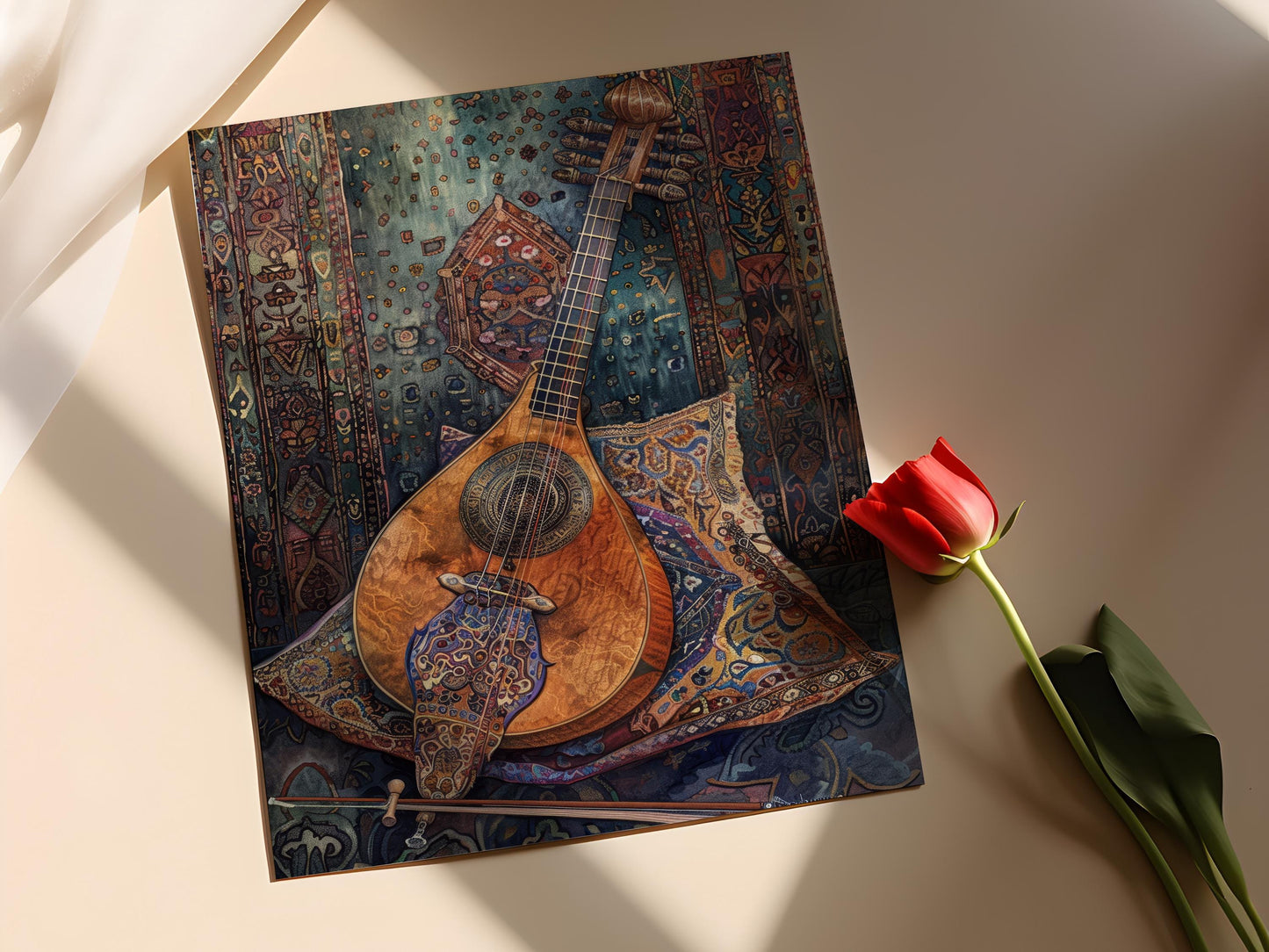 Affiche Élégante de Veena sur Coussin en Soie – Art Instrumental Indien