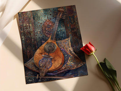 Affiche Élégante de Veena sur Coussin en Soie – Art Instrumental Indien