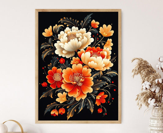 Affiche Art Laque Vietnamienne – Impression Florale Éclatante