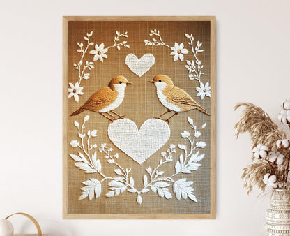 Affiche Art de Broderie Schwalm – Poster Oiseaux et Fleurs en Blanc