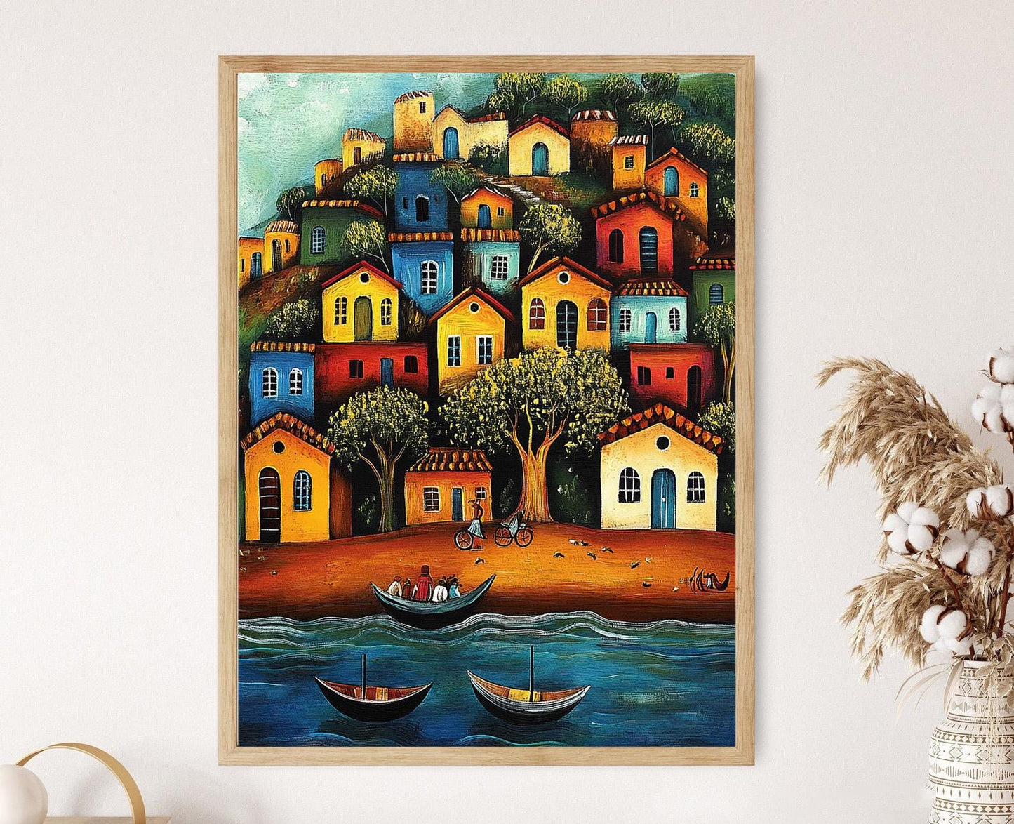 Affiche Village de Pêche Indien – Poster Art Naïve de Scène Côtière