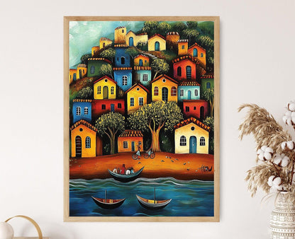 Affiche Village de Pêche Indien – Poster Art Naïve de Scène Côtière