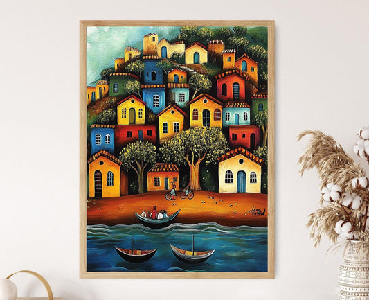 Affiche Village de Pêche Indien – Poster Art Naïve de Scène Côtière