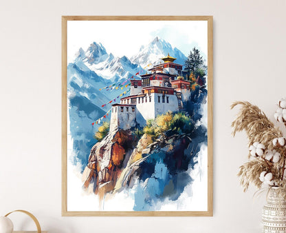 Affiche Monastère Himalayen – Impression d'Art, Drapeaux de Prière Ladakhi