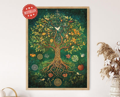 Affiche Arbre de Vie Celtique – Poster avec nœuds complexes et symboles des saisons.