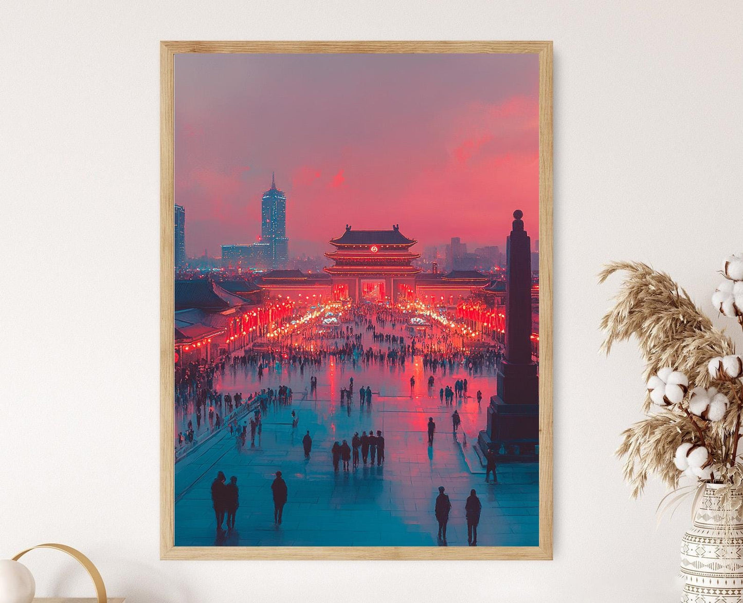 Affiche de Nuit à la Place Kim Il Sung – Illustration des Monuments de Pyongyang