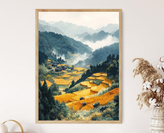 Affiche des Terrasses de Riz en Corée du Nord – Illustration de Récolte