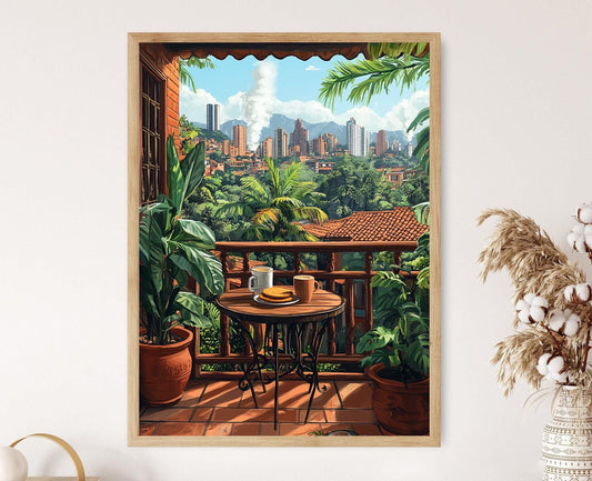 Affiche Medellín – Illustration de plantes tropicales, arepas et café