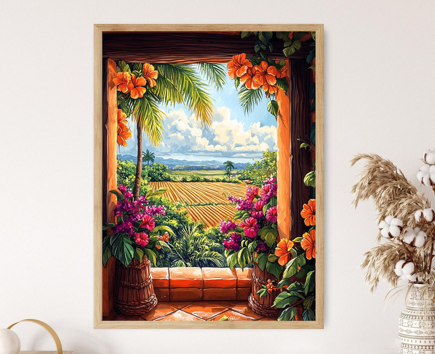 Affiche de coucher de soleil au Belize : Fleurs d'hibiscus et champs de canne à sucre