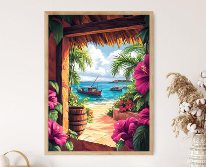 Affiche Caraïbes – Illustration de Fleurs d'Hibiscus et Bateaux de Pêche