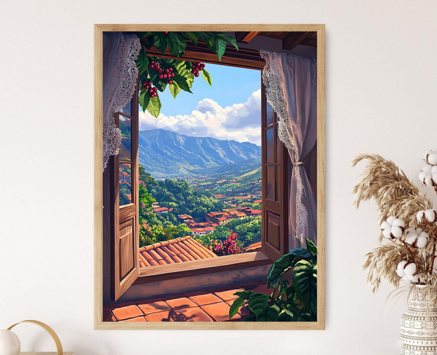 Affiche Lever de Soleil au Costa Rica – Illustration de Brins de Café et Fenêtre en Dentelle