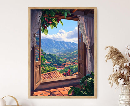 Affiche Lever de Soleil au Costa Rica – Illustration de Brins de Café et Fenêtre en Dentelle