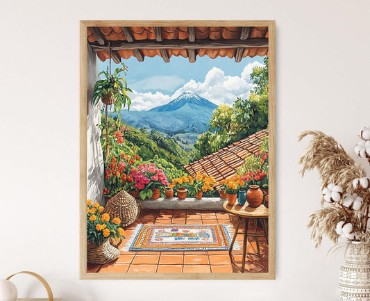 Affiche Alajuela Confortable : Illustration des Masques Chorotega et Volcan