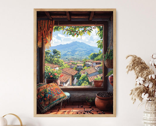 Affiche Rustique Alajuela – Illustration Fenêtre et Volcan Poás