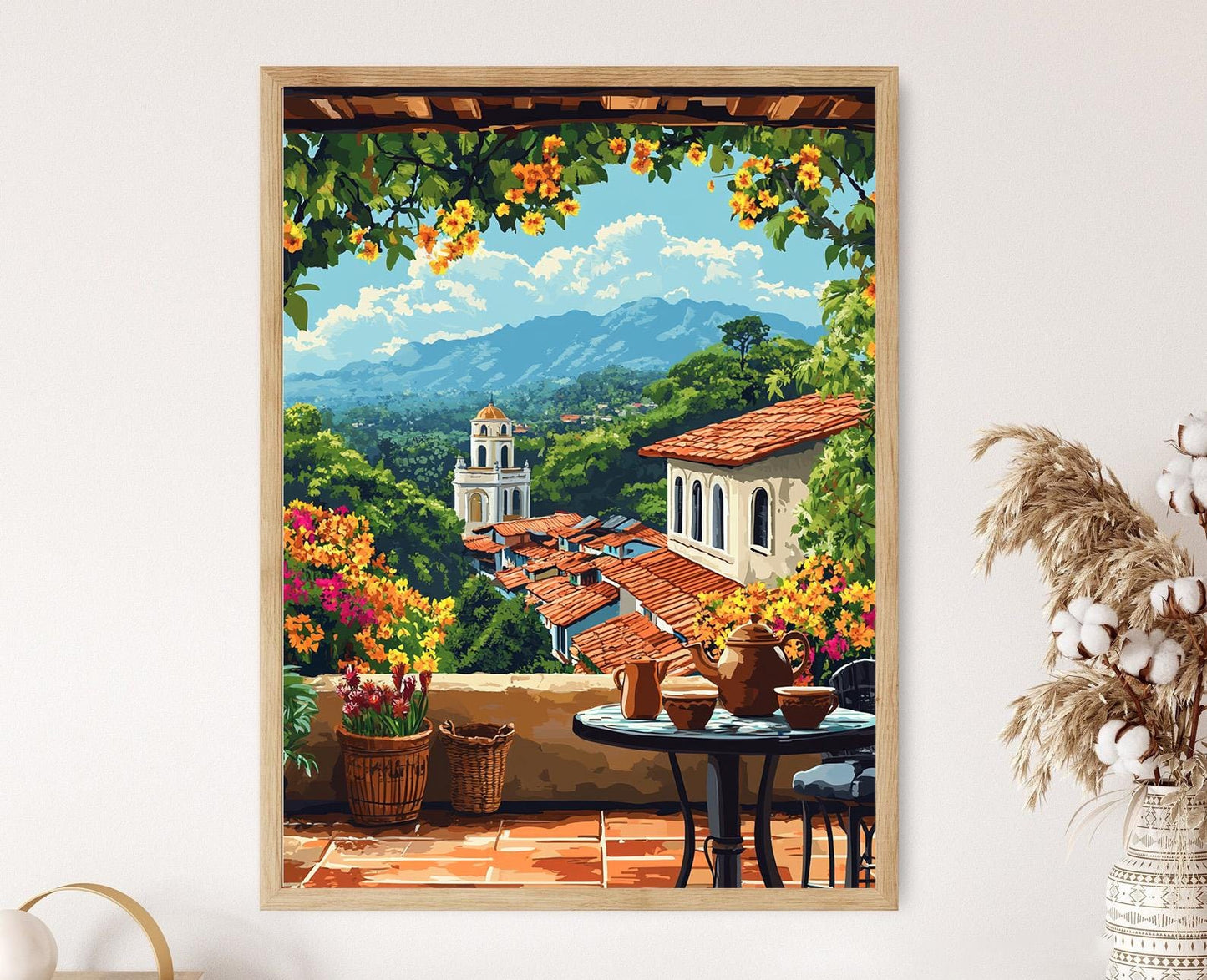 Affiche Patio Confortable : Illustration de Masques Chorotega et Volcan