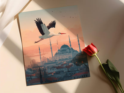Affiche Cigogne d'Istanbul – Poster Art Vecteur Soirée Mosquée