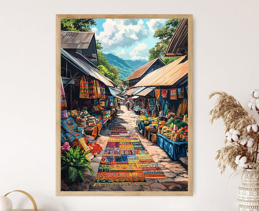 Affiche Marché de Chiang Rai – Poster Art Coloré, Textiles des Tribus Montagnardes