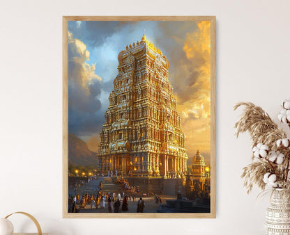 Affiche Temple de Tirupati – Art du Gopuram, Pèlerins et Offrande de Laddu