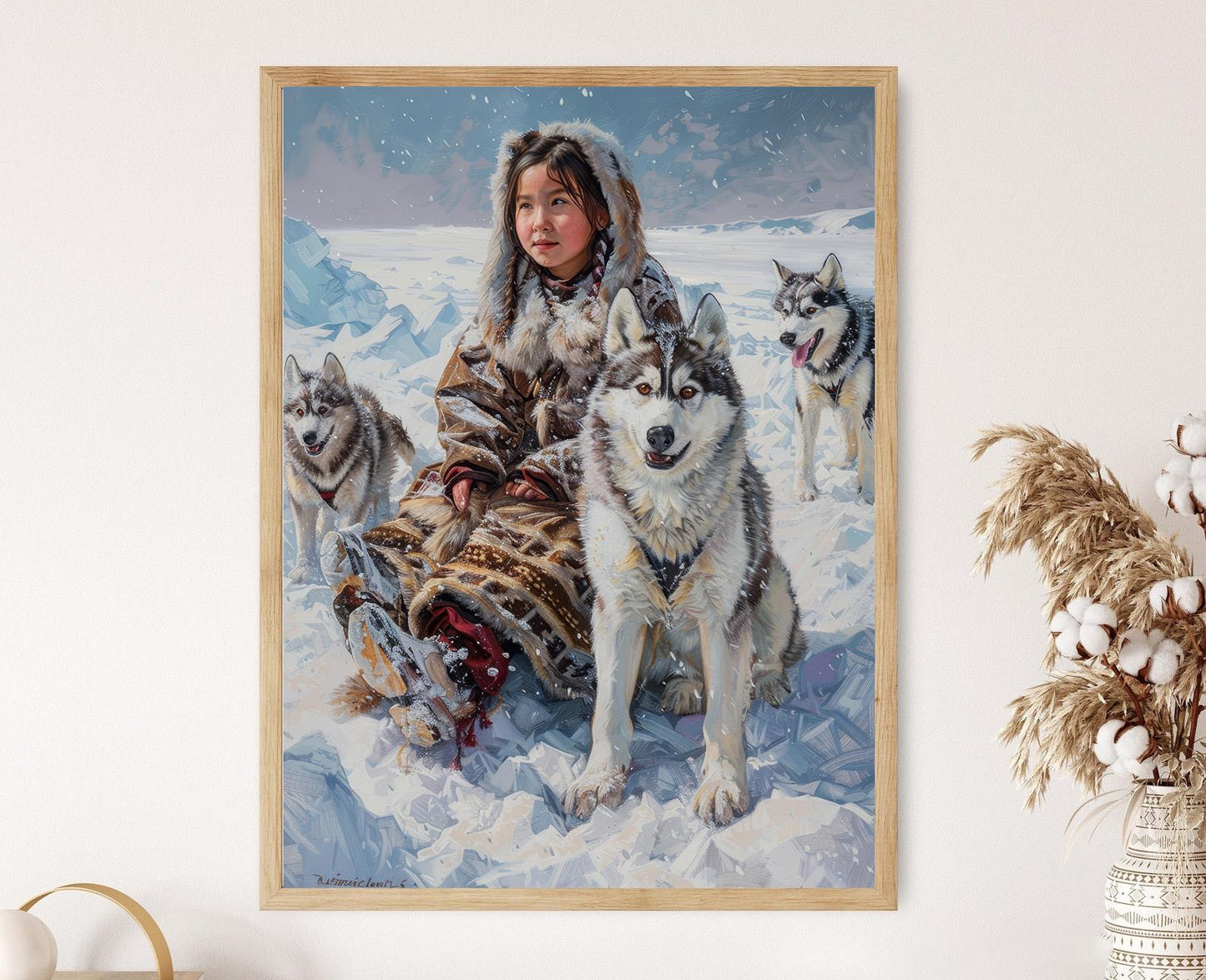 Affiche Fille Inuite avec Chiens de Traîneau – Illustration Art Aborigène