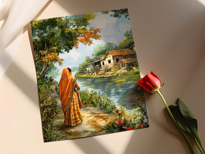 Affiche Femme Bengali au Bord de la Rivière – Décor Mural Villageois