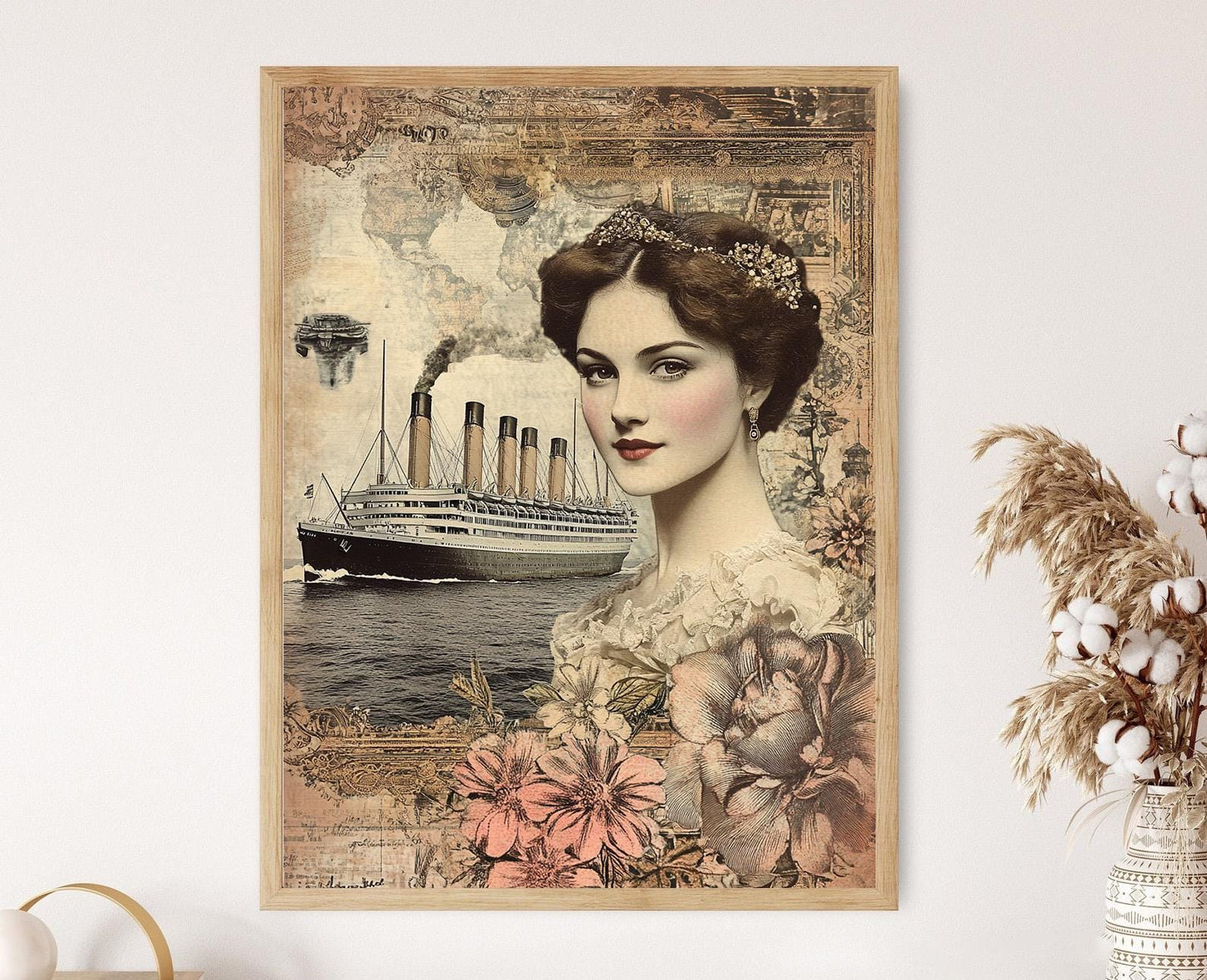 Affiche Titanic Vintage – Poster Femme Édouardienne, Collage Floral Maritimes