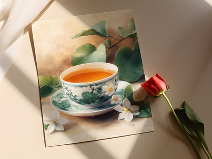 Affiche Thé Jasmin – Impression d'art avec tasse en porcelaine et fleurs