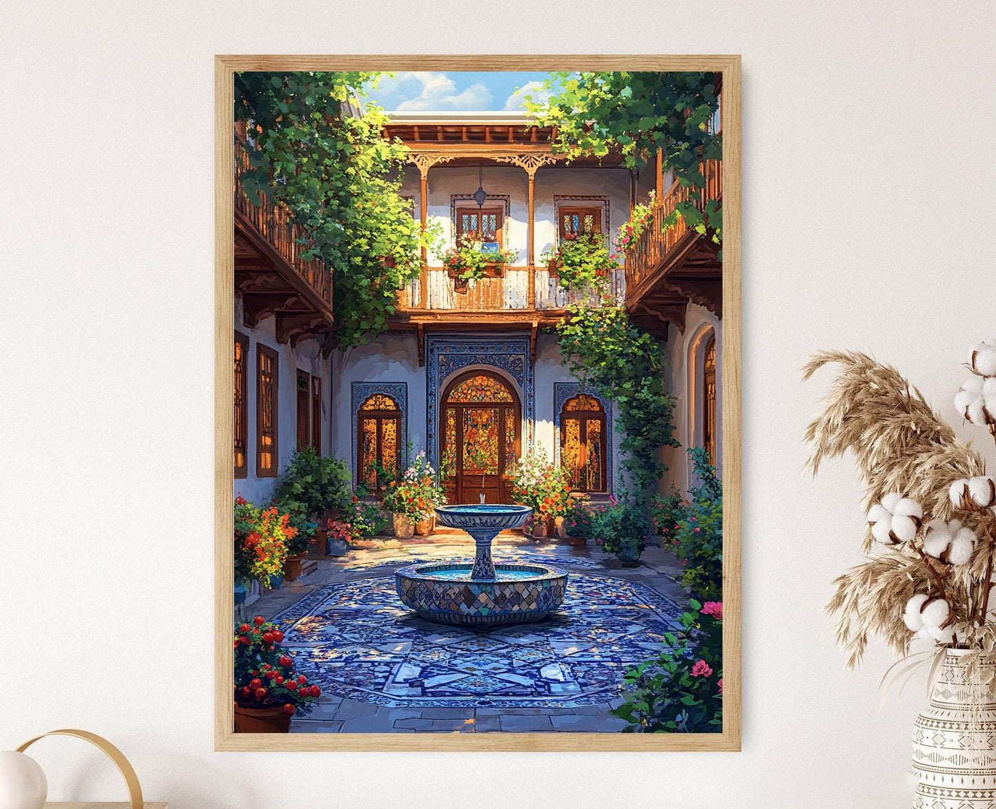 Affiche Urmia Courtyard – Illustration de fontaine en mosaïque avec pommiers