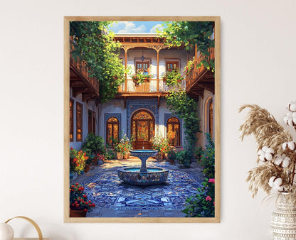 Affiche Urmia Courtyard – Illustration de fontaine en mosaïque avec pommiers