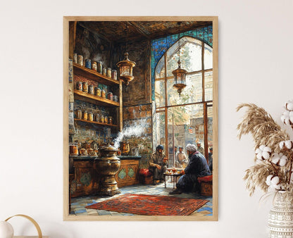 Affiche Maison de Thé de Téhéran – Illustration Tapis Persan & Samovar