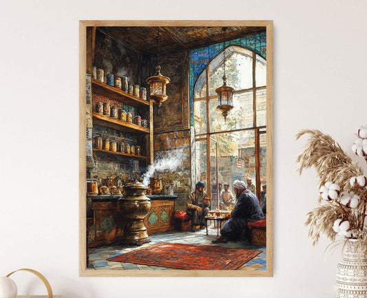 Affiche Maison de Thé de Téhéran – Illustration Tapis Persan & Samovar