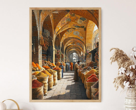 Affiche du Grand Bazar de Téhéran – Illustration de Safran, Curcuma & Épices