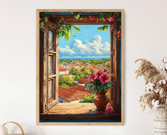 Affiche Porto Rico : Peinture Hibiscus, Fenêtre & Toit