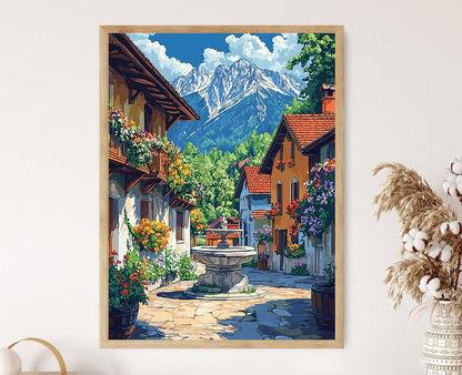 Affiche Brasov – Poster Fontaine gothique et balcons en bois des Carpates