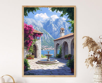 Affiche Kotor – Poster Fontaine en marbre et bougainvilliers, Monts Kotor