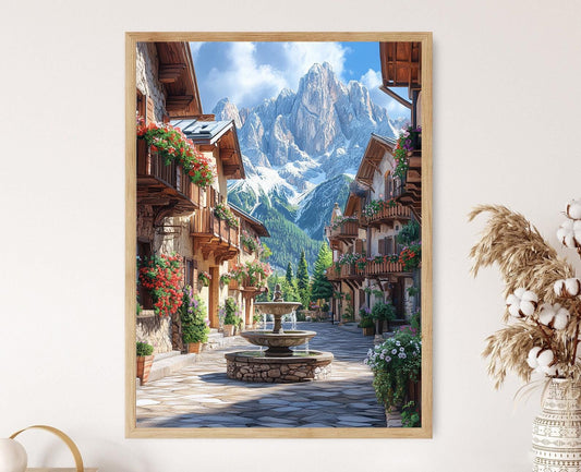 Affiche Courtyard Cortina – Poster Fontaine de Pierre et Balcons Fleuris